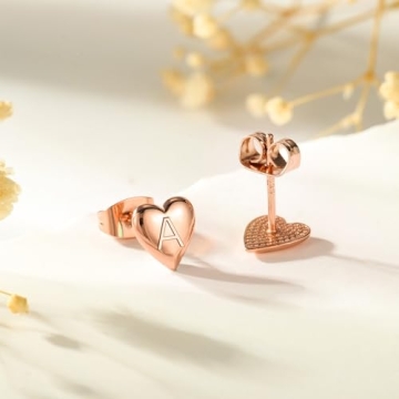 Heart Initial Stud Earrings for Women - S925 Sterling Silver Rose Gold Plated Earrings, Dainty Women...