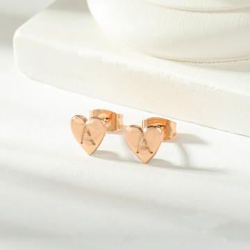 Heart Initial Stud Earrings in Rose Gold for Women