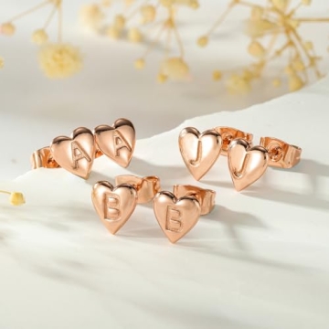 Heart Initial Stud Earrings in Rose Gold for Women