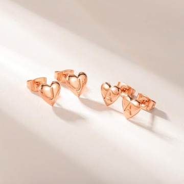 Heart Initial Stud Earrings in Rose Gold for Women