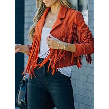 FARYSAYS Faux Leather Jacket Women Fashion Casual Spring Fall Lightweight Cropped Fringe Tassel Motorcycle Jackets for Ladies Orange 1x