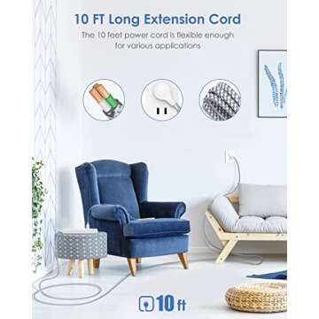 Surge Protector Power Strip - 10 FT Long Extension Cord with 5 Widely AC Outlets 3 USB Ports, Flat P...