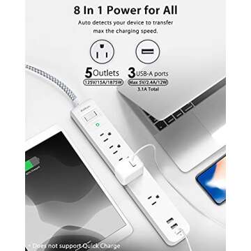 Surge Protector Power Strip - 10 FT Long Extension Cord with 5 Widely AC Outlets 3 USB Ports, Flat Plug with Overload Surge Protection for Home, Office, Dorm Essentials (2 Pack)