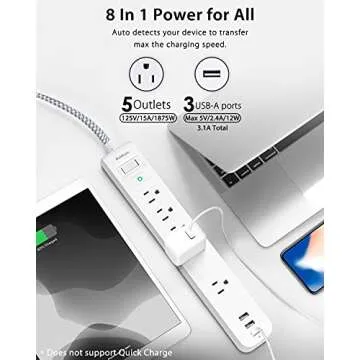 Surge Protector Power Strip - 10 FT Long Extension Cord with 5 Widely AC Outlets 3 USB Ports, Flat Plug with Overload Surge Protection for Home, Office, Dorm Essentials (2 Pack)