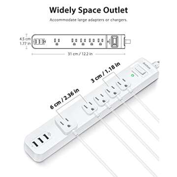 Surge Protector Power Strip - 10 FT Long Extension Cord with 5 Widely AC Outlets 3 USB Ports, Flat Plug with Overload Surge Protection for Home, Office, Dorm Essentials (2 Pack)