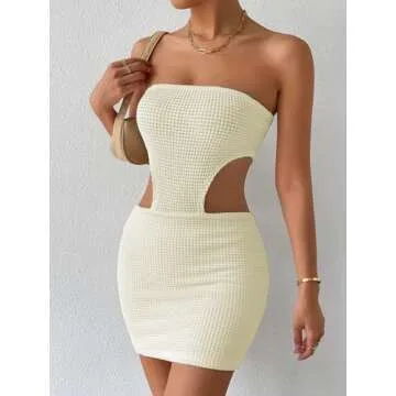 SHENHE Women's Crochet See Through Cover Ups Cut Out Sleeveless Bodycon Dresses Club Dress Strapless Tube Mini Dress White XS