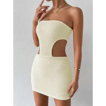 SHENHE Women's Crochet See Through Cover Ups Cut Out Sleeveless Bodycon Dresses Club Dress Strapless Tube Mini Dress White XS