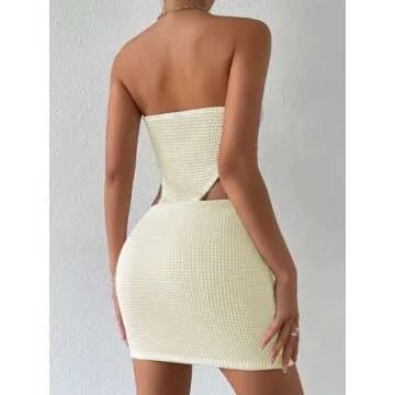 SHENHE Women's Crochet See Through Cover Ups Cut Out Sleeveless Bodycon Dresses Club Dress Strapless Tube Mini Dress White XS