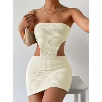 SHENHE Women's Crochet See Through Cover Ups Cut Out Sleeveless Bodycon Dresses Club Dress Strapless Tube Mini Dress White XS