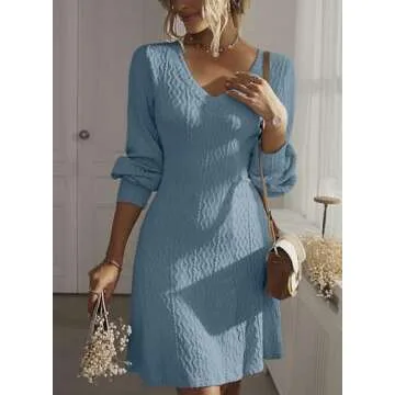 Dokotoo Womens Dresses Sweater Dress Spring Dresses Business Casual Outfits Work Dresses Trendy Casual Long Sleeve Dresses V Neck Knit Ribbed A Line Spring Sweater Mini Dress 2025 Blue Dress XL
