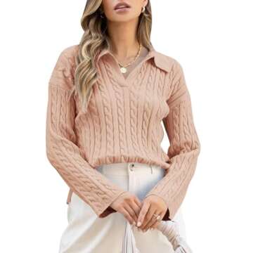 Saodimallsu Womens Cable Knit Sweater V Neck Collar Fall Trendy Long Sleeve Slouchy Loose Pullover S...
