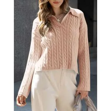 Saodimallsu Womens Cable Knit Sweater V Neck Collar Fall Trendy Long Sleeve Slouchy Loose Pullover Sweaters Tops Khaki