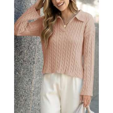 Saodimallsu Womens Cable Knit Sweater V Neck Collar Fall Trendy Long Sleeve Slouchy Loose Pullover Sweaters Tops Khaki