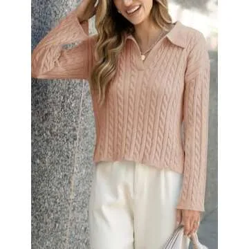 Saodimallsu Womens Cable Knit Sweater V Neck Collar Fall Trendy Long Sleeve Slouchy Loose Pullover Sweaters Tops Khaki