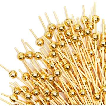 Okuna Outpost Gold Pearl Cocktail Picks, Bamboo Appetizer Toothpicks (4.7 Inches, 150 Pack)