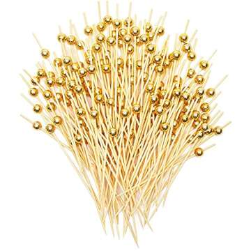 Okuna Outpost Gold Pearl Cocktail Picks, Bamboo Appetizer Toothpicks (4.7 Inches, 150 Pack)