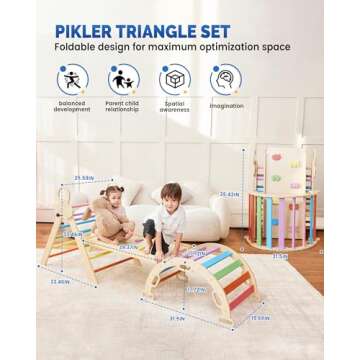 Pikler Triangle Set for kids, 8 in 1 Colorful Montessori Large Climbing Toys for Toddlers 1-6 Inside with Ramp, Arch and Foldable Climbing Triangle, Climbing Toys, Wooden Child Indoor Playground