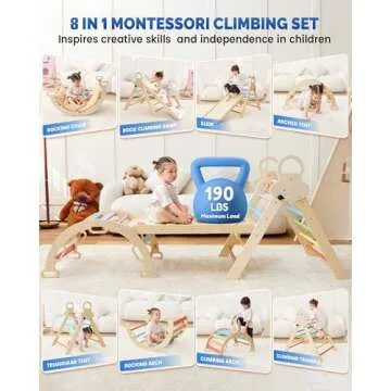 Pikler Triangle Set for kids, 8 in 1 Colorful Montessori Large Climbing Toys for Toddlers 1-6 Inside with Ramp, Arch and Foldable Climbing Triangle, Climbing Toys, Wooden Child Indoor Playground