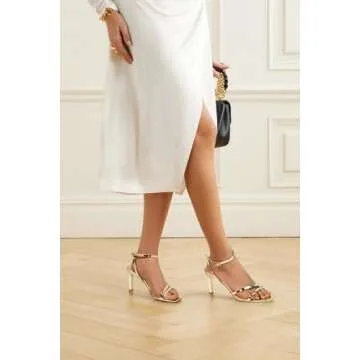 SOVANYOU Gold Heels for Women Dressy Gold Strappy Heels Stiletto Heeled Sandals Square Open Toe High Heels Sexy Metallic Heels Dress Shoes for Wedding