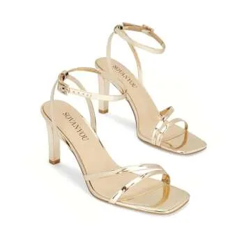 SOVANYOU Gold Heels for Women Dressy Gold Strappy Heels Stiletto Heeled Sandals Square Open Toe High Heels Sexy Metallic Heels Dress Shoes for Wedding