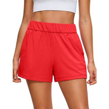CRZ YOGA Comfy Ribbed Sweat Shorts for Women - High Waisted & Pocketed