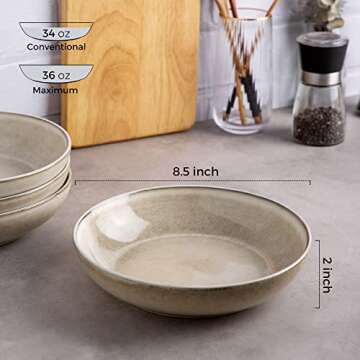 AmorArc 8.5'' Large Pasta Bowls, 36oz Ceramic Salad Serving Bowls Set of 4 for Kitchen, Wide Stonewa...