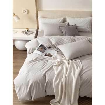 JIYUAN 100% Washed Cotton Duvet Cover Set Comfy Simple Style Soft Breathable Textured Durable Linen Feel Bedding for All Seasons King Size,Solid Cream Grey
