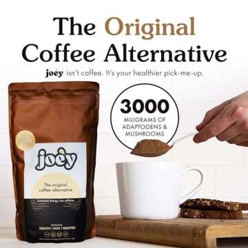 Joe'y Original Coffee Alternative, Mushroom Coffee Substitute with Cacao, Chicory & Dandelion Root, Adaptogenic Superfood Ingredients, Vegan, Gluten-Free, Clean Energy Without Jitters, 60 Servings