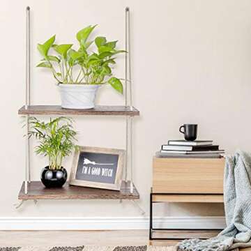 Sageme Wall Hanging Shelves,2 Tier Swing Rope Floating Shelf for Plants Decorations Display Rustic Farmhouse Shelves for Garden, Outdoor, Living Room and Bedroom (2 Tier, Rustic Wood)