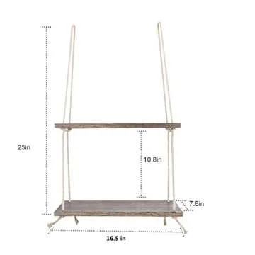 Sageme Wall Hanging Shelves,2 Tier Swing Rope Floating Shelf for Plants Decorations Display Rustic Farmhouse Shelves for Garden, Outdoor, Living Room and Bedroom (2 Tier, Rustic Wood)