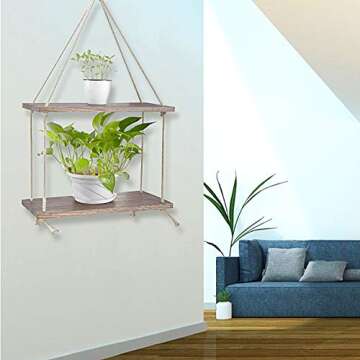 Sageme Wall Hanging Shelves,2 Tier Swing Rope Floating Shelf for Plants Decorations Display Rustic Farmhouse Shelves for Garden, Outdoor, Living Room and Bedroom (2 Tier, Rustic Wood)