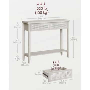 VASAGLE Console Table, Sofa Table, Narrow Entryway Table with 2 Drawers, Open Storage Shelf, Rounded Corners, for Living Room, Boho Style, Oatmeal Beige ULNT016K66