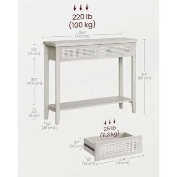 VASAGLE Console Table, Sofa Table, Narrow Entryway Table with 2 Drawers, Open Storage Shelf, Rounded Corners, for Living Room, Boho Style, Oatmeal Beige ULNT016K66