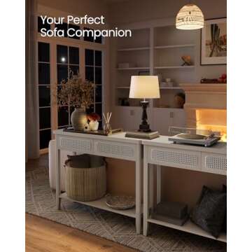 VASAGLE Console Table, Sofa Table, Narrow Entryway Table with 2 Drawers, Open Storage Shelf, Rounded Corners, for Living Room, Boho Style, Oatmeal Beige ULNT016K66