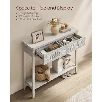 VASAGLE Console Table, Sofa Table, Narrow Entryway Table with 2 Drawers, Open Storage Shelf, Rounded Corners, for Living Room, Boho Style, Oatmeal Beige ULNT016K66