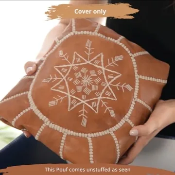 moroccan poufs Cover - Leather Pouf Ottoman Footstool - Footrest with Storage for Living Room, Bedroom - Round poufs Poof pouffe, Poofy Ottoman - Boho Moroccan Decor for Home - Unstuffed (Tan)