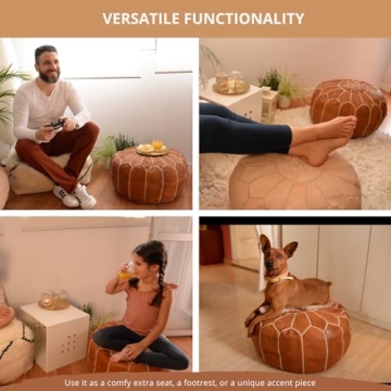 moroccan poufs Cover - Leather Pouf Ottoman Footstool - Footrest with Storage for Living Room, Bedroom - Round poufs Poof pouffe, Poofy Ottoman - Boho Moroccan Decor for Home - Unstuffed (Tan)