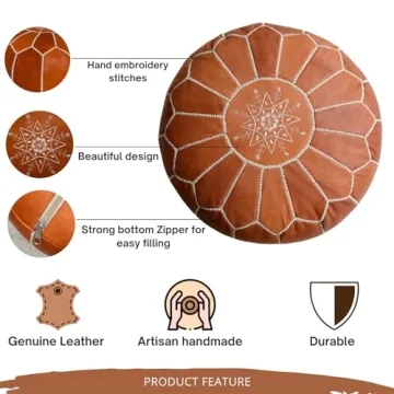 moroccan poufs Cover - Leather Pouf Ottoman Footstool - Footrest with Storage for Living Room, Bedroom - Round poufs Poof pouffe, Poofy Ottoman - Boho Moroccan Decor for Home - Unstuffed (Tan)