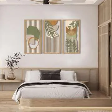 IARTTOP Large Abstract Geometric Wood Wall Art Framed Boho Wall Art Set Of 3 Mid Century Modern Wall Art Neutral Wall Decor For Bedroom Living Room Office-16 x32