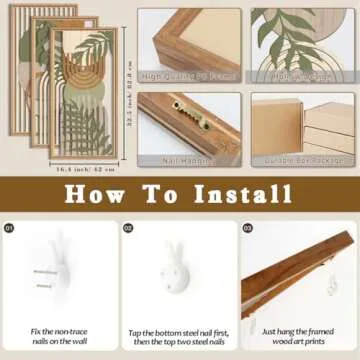 IARTTOP Large Abstract Geometric Wood Wall Art Framed Boho Wall Art Set Of 3 Mid Century Modern Wall Art Neutral Wall Decor For Bedroom Living Room Office-16 x32