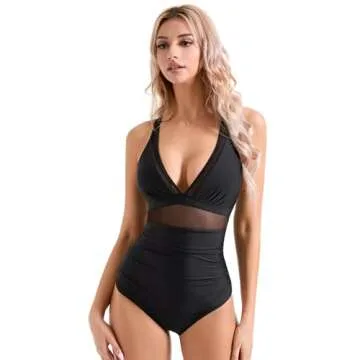 SUUKSESS Women Slimming Tummy Control One Piece Swimsuits Sexy Mesh High Waisted Monokini Bathing Su...
