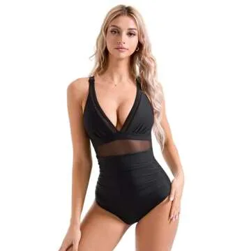 SUUKSESS Women Slimming Tummy Control One Piece Swimsuits Sexy Mesh High Waisted Monokini Bathing Suits (Black, L)