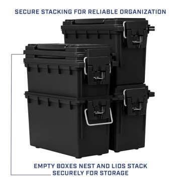 Sheffield 12629 Ammo Storage Box, Stackable .30 Cal Field Boxes, Water and Dust Resistant, Lockable Storage Box with Handle, Secures Hunting Gear, Supplies, and Bullets, Made in USA, Black, 1-Pack