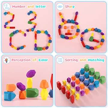 44PCS Sensory Toddler Wooden Stacking Rocks Toys for Boys & Girls Ages 3+ Year Old Building Blocks M...