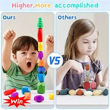 44PCS Sensory Toddler Wooden Stacking Rocks Toys for Boys & Girls Ages 3+ Year Old Building Blocks Montessori Preschool Educational STEM Toys for Kids Birthday Gifts Safe Creativity Rainbow Stones