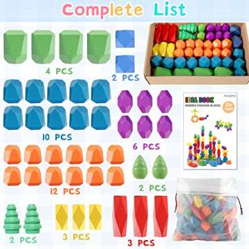 44PCS Sensory Toddler Wooden Stacking Rocks Toys for Boys & Girls Ages 3+ Year Old Building Blocks Montessori Preschool Educational STEM Toys for Kids Birthday Gifts Safe Creativity Rainbow Stones