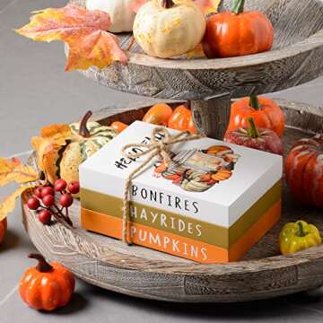 Fall Decor - Fall Decorations for Home- 3 Mini Wood Decorative Books Stack with Hemp Rope-Tiered Tray Decor for Autumn Thanksgiving Harvest Farmhouse Rustic Decor for Table Shelf