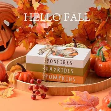 Fall Decor - Fall Decorations for Home- 3 Mini Wood Decorative Books Stack with Hemp Rope-Tiered Tray Decor for Autumn Thanksgiving Harvest Farmhouse Rustic Decor for Table Shelf