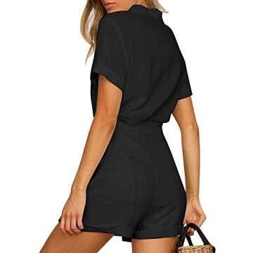 GRAPENT Women's Black Summer Casual Short Sleeves Button Down Pocket Belted Jumpsuits Rompers Size X...