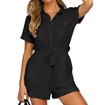 GRAPENT Women's Summer Casual Button Down Belted Romper